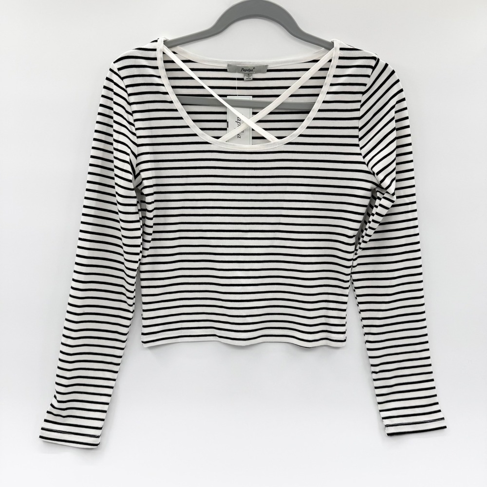 Papaya Womens Black White Striped Long Sleeve Crisscross Neck Crop Top LK-001 S